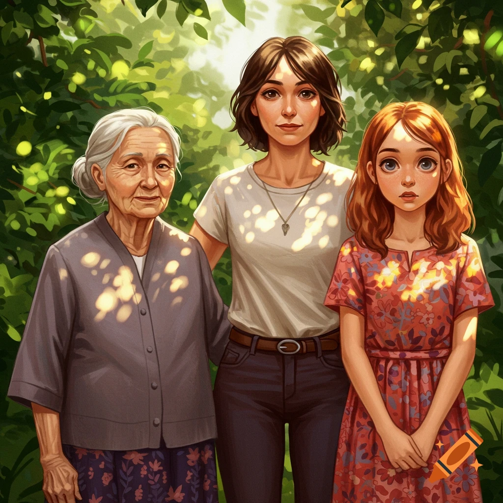 Three women of different generations, from elderly to young girl, stand together smiling in a lush green sunlit forest, in a digital art style.
