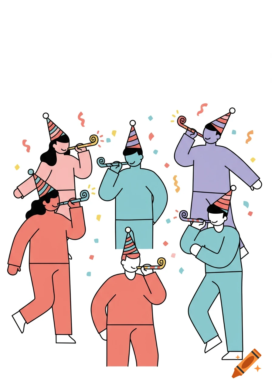 Six abstract figures celebrating with striped party hats and blowers, surrounded by confetti, in a flat vector style.