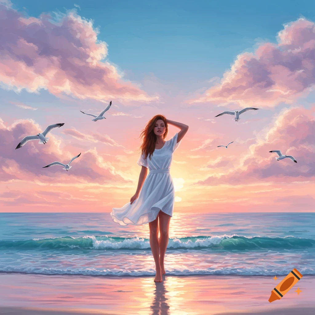 Digital painting of a woman in a white dress walking on a beach at a colorful sunset with seagulls.