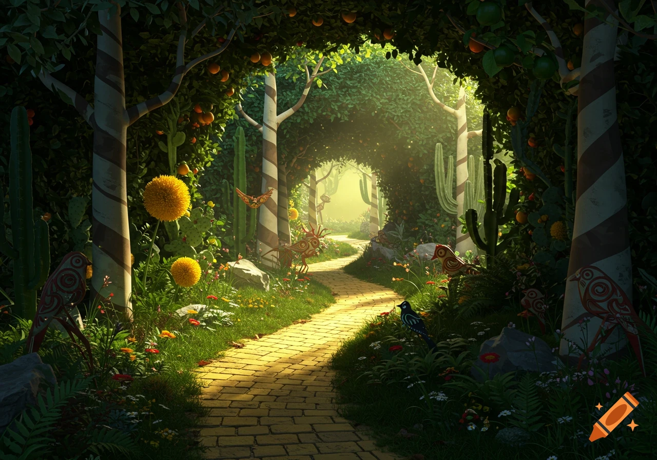 A bright, surreal 3D rendered forest path with a winding yellow brick road, striped trees, giant yellow flowers, cacti, and stylized birds under a canopy of green foliage.