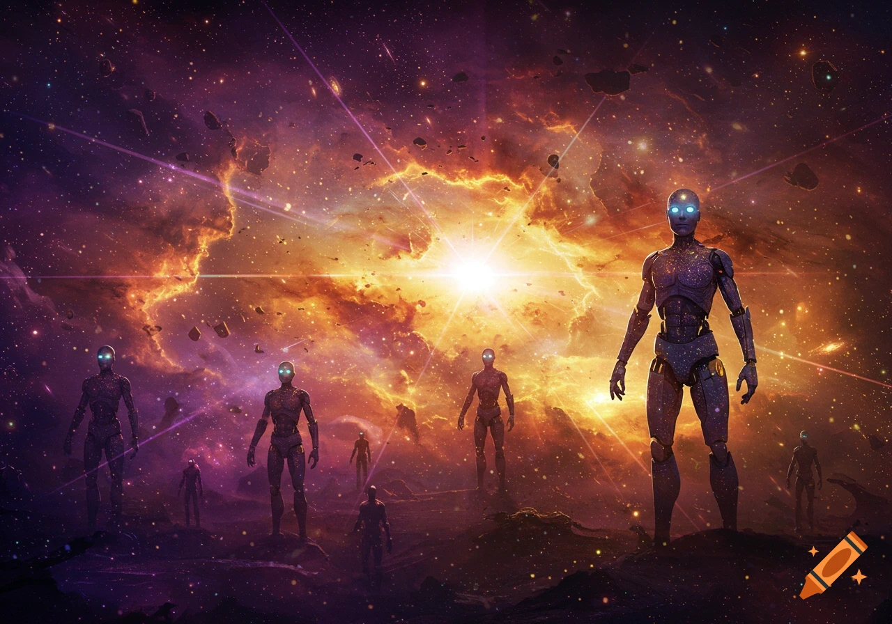Multiple humanoid robots with glowing blue eyes stand on a rocky cosmic landscape under a vibrant nebula.