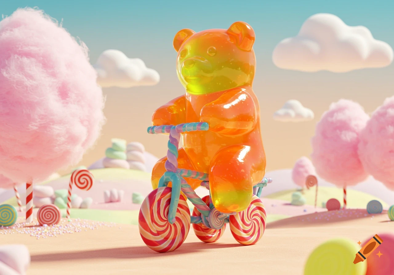 A vibrant orange gummy bear rides a small bicycle with lollipop wheels through a whimsical candy land, featuring cotton candy trees and giant lollipops.