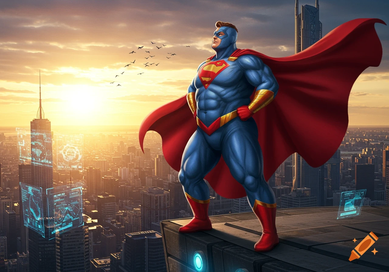 A muscular superhero in a blue suit with a red cape and an S-shield stands on a rooftop overlooking a city at sunset.
