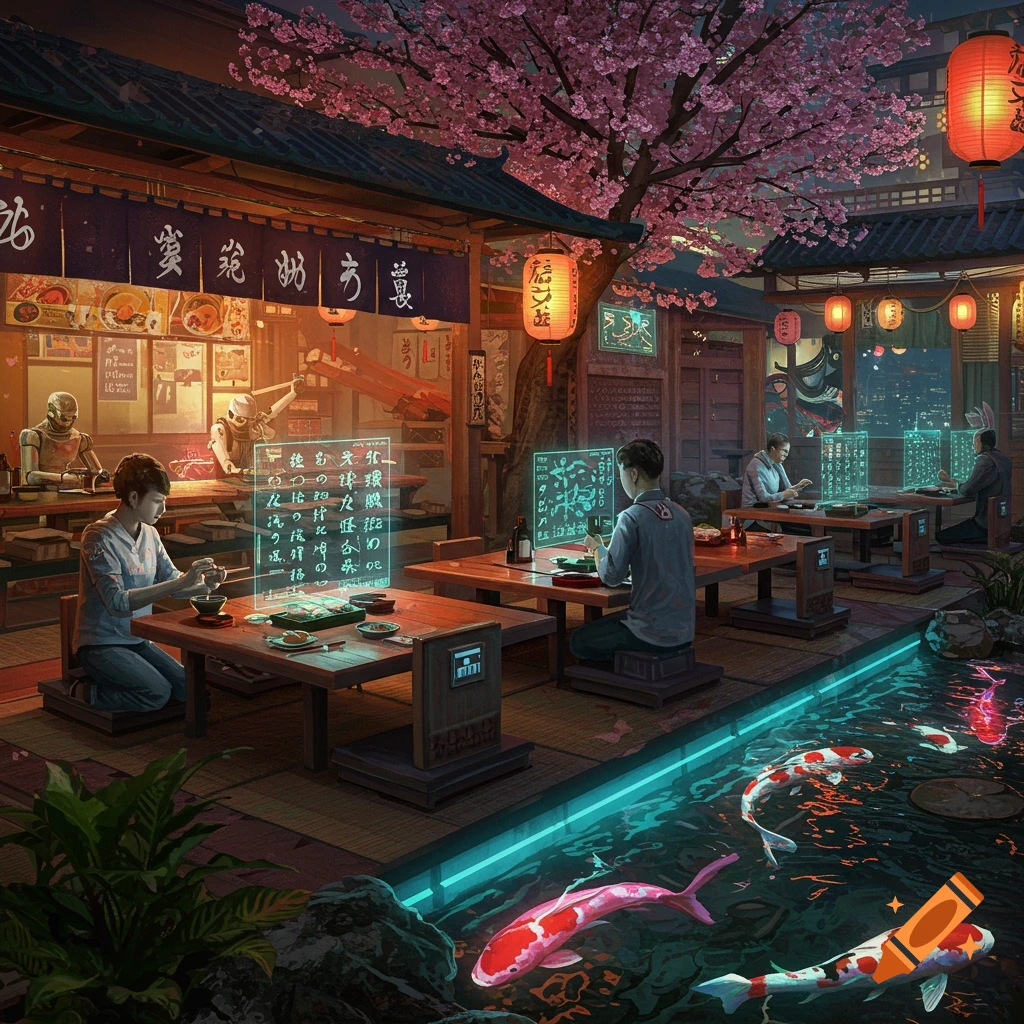 Futuristic Japanese restaurant at night under a cherry blossom tree, with patrons, robots, holographic menus, and glowing koi.