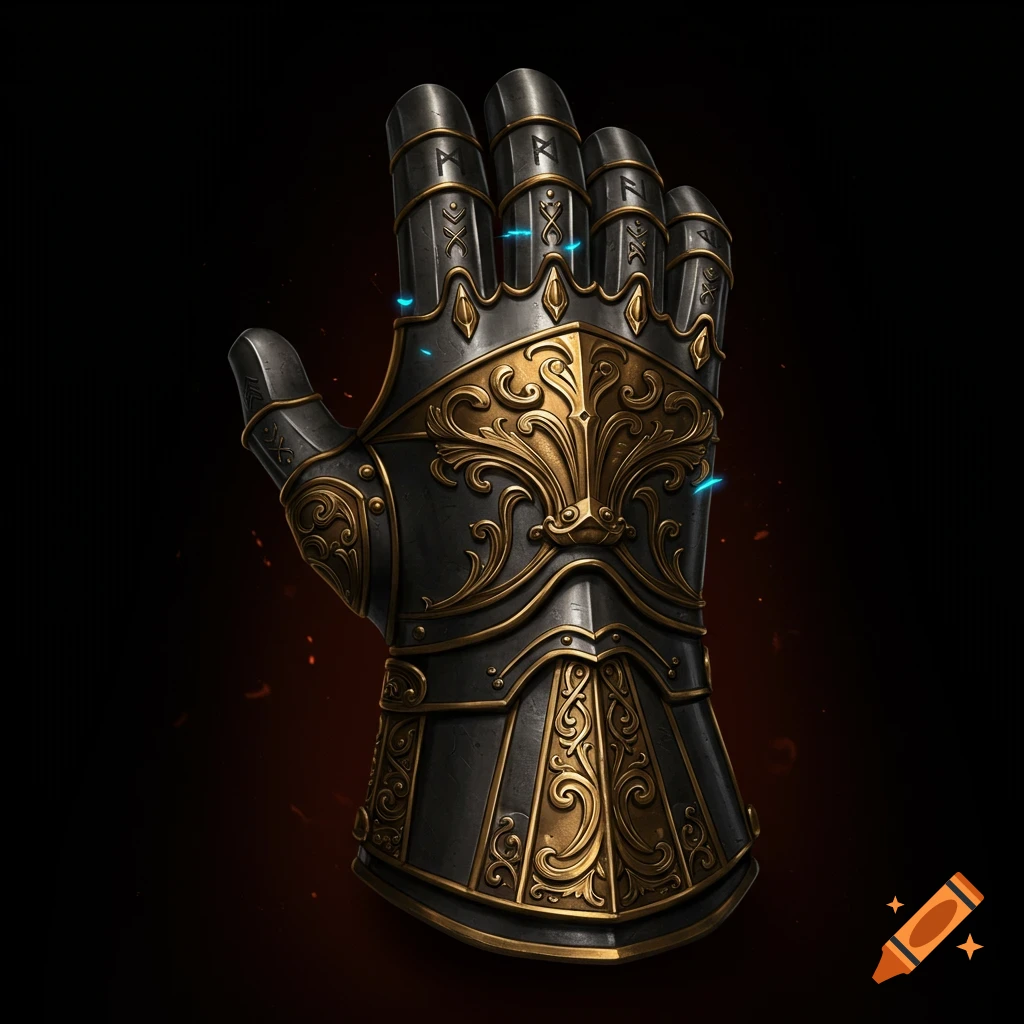 A detailed dark grey and gold fantasy gauntlet features intricate scrollwork and glowing blue accents on a dark background.