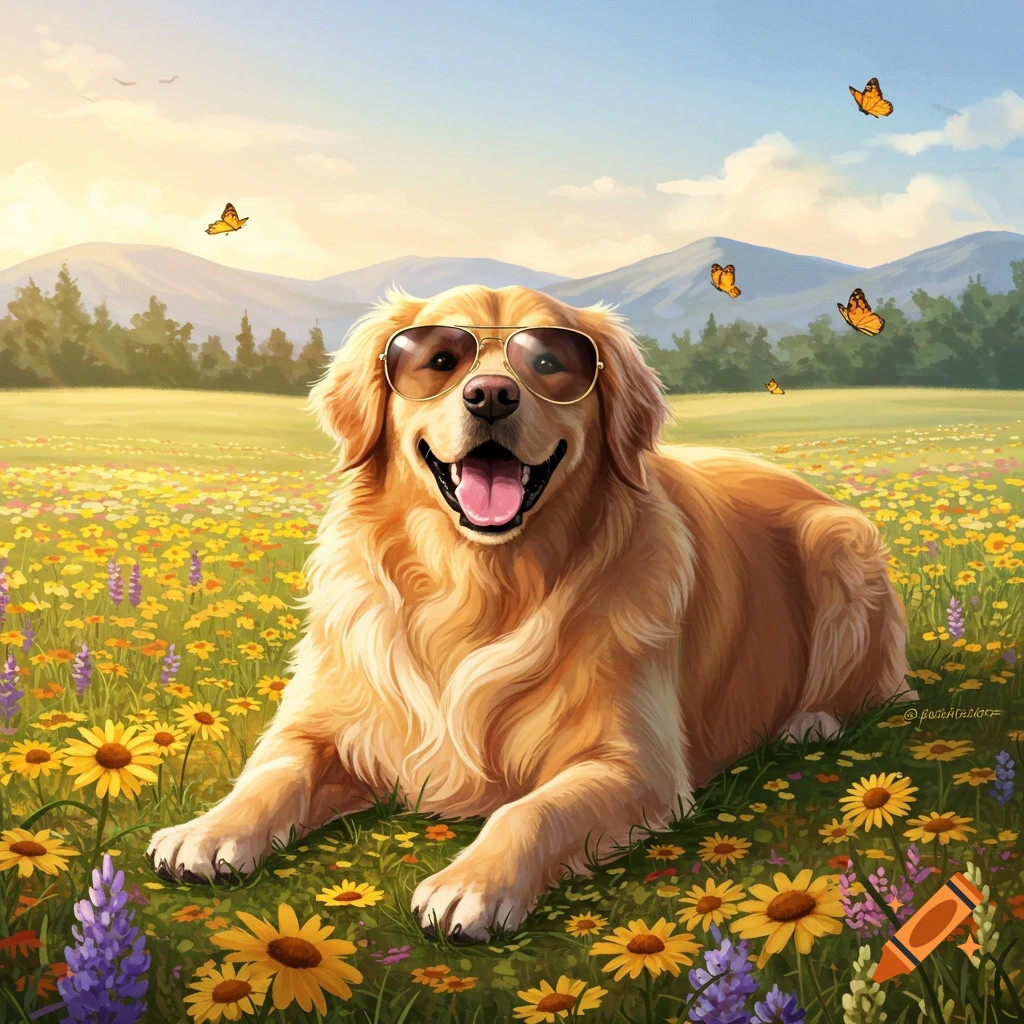 A happy golden retriever with sunglasses lies in a field of yellow and purple wildflowers under a sunny sky, with mountains.