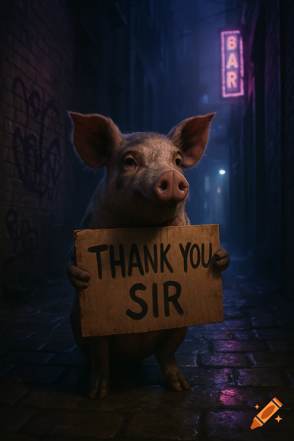 A photorealistic pig holding a 'THANK YOU SIR' sign in a dark, neon-lit alley with a bar sign.