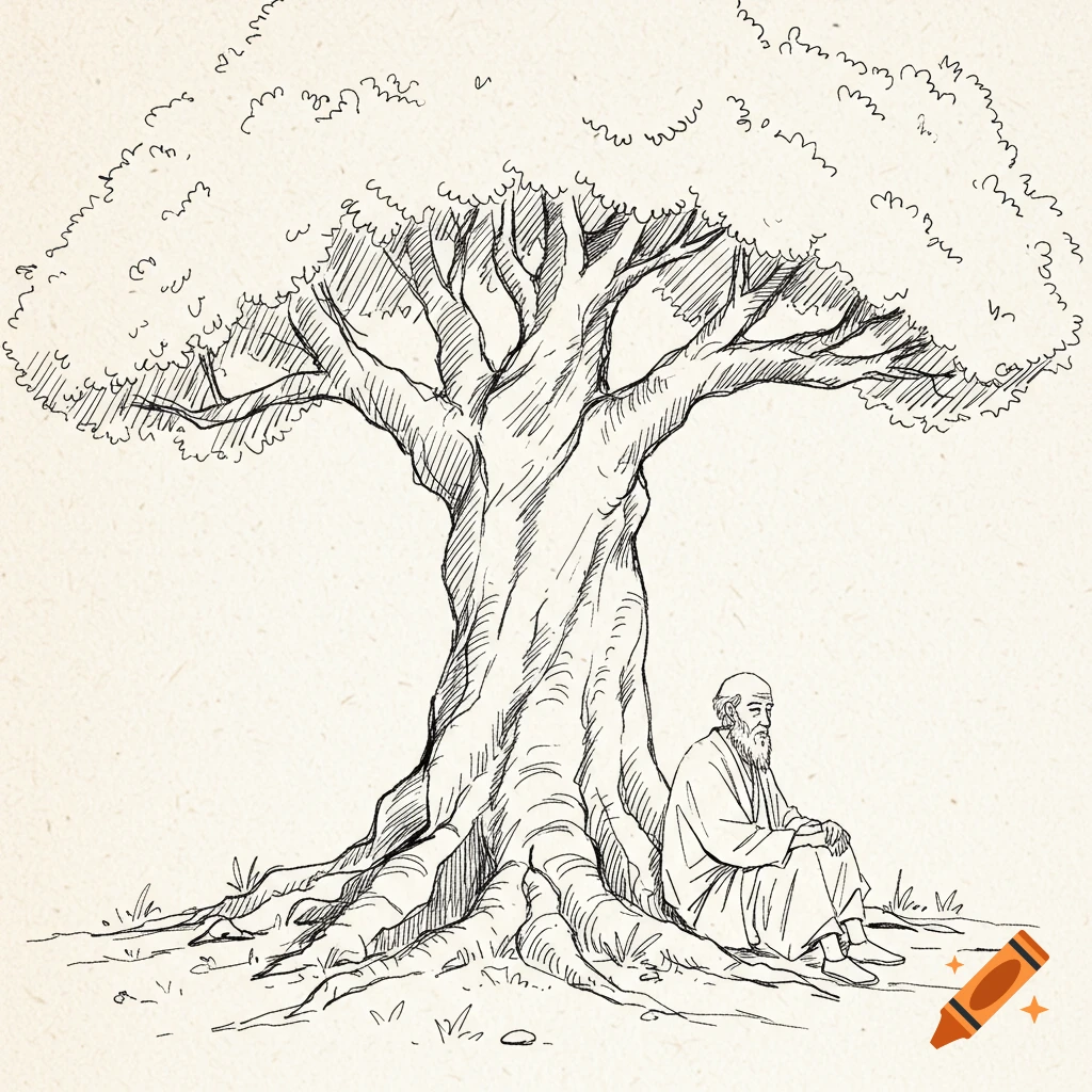 Ink sketch of an old man with a beard sitting contemplatively under a large, gnarled tree.