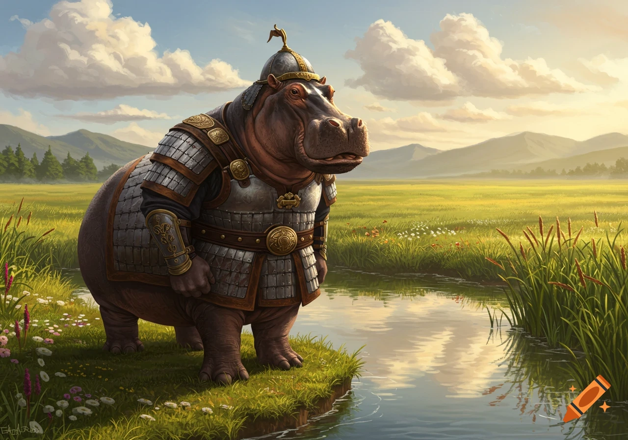 A majestic hippo in intricate silver and gold armor stands by a stream in a sunlit green meadow with mountains in the background.
