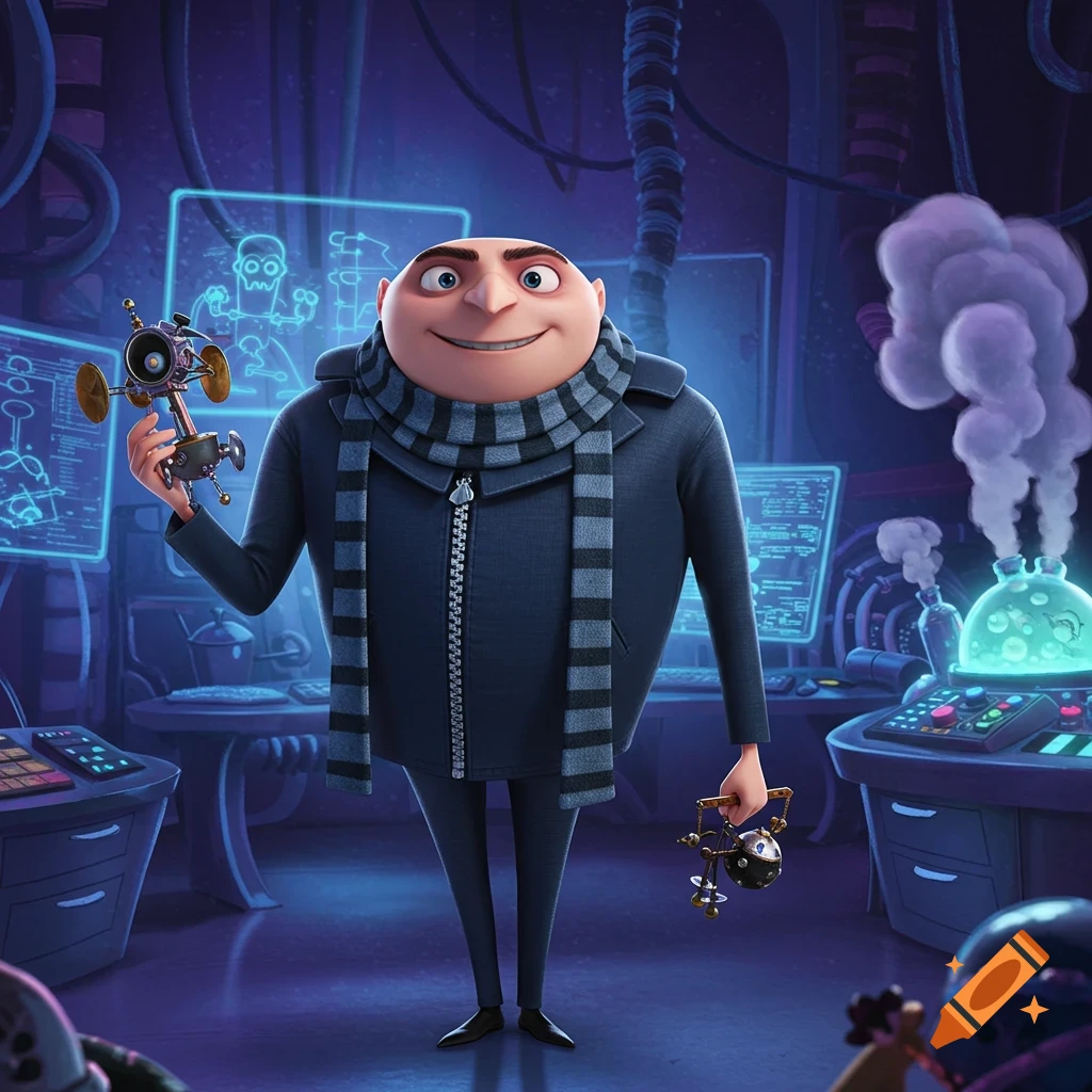 Gru from Despicable Me stands smiling in a futuristic blue-lit laboratory, holding two small, intricate gadgets.