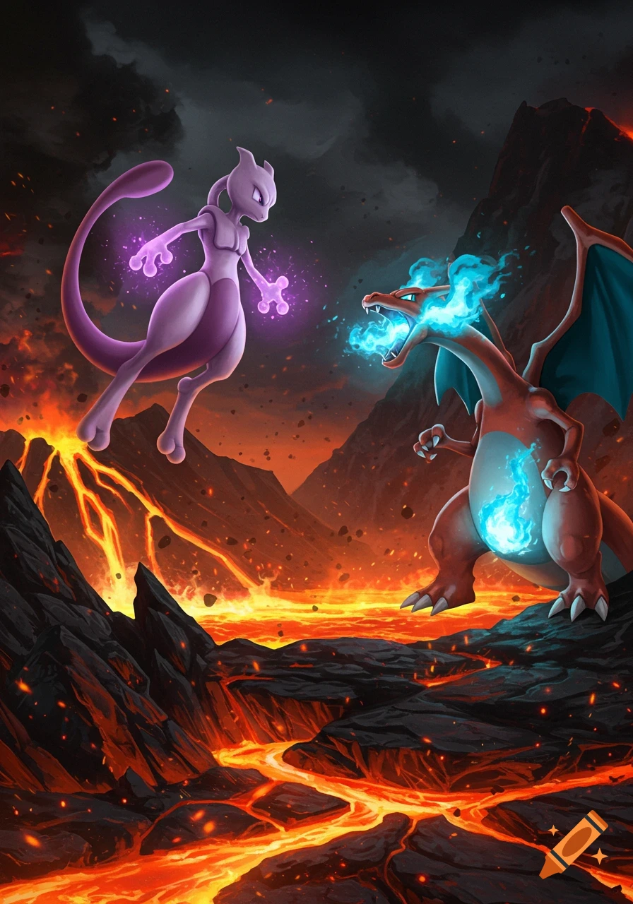 Mewtwo and Charizard X battle amidst a volcanic landscape with flowing lava and fiery skies, in a vibrant illustration.