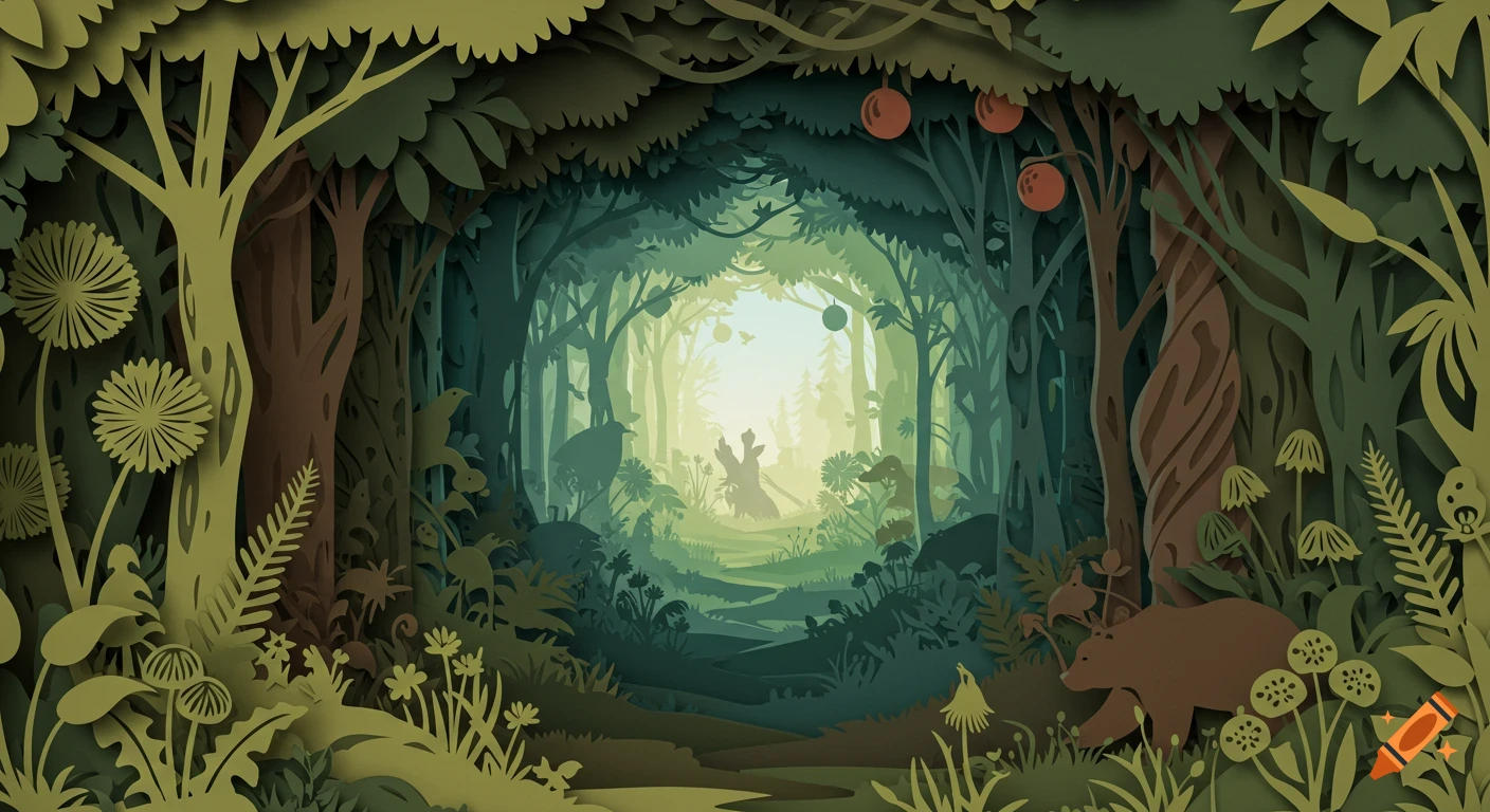 A detailed layered paper-cut illustration of a fantastical forest with animals, dandelions, and fruit trees, leading to a bright clearing.