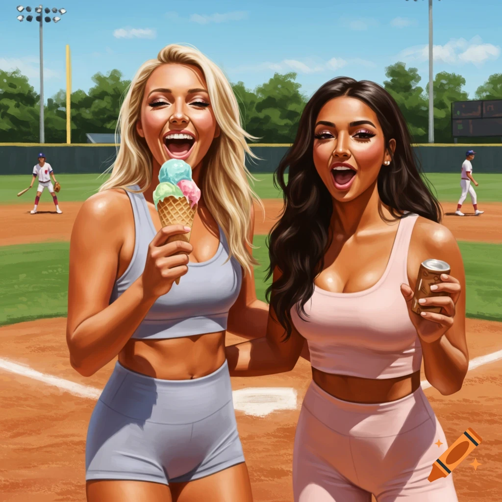Two smiling women, one blonde holding a multi-scoop ice cream cone and one with dark hair holding a can, stand on a baseball field with players in the background. Digital illustration.