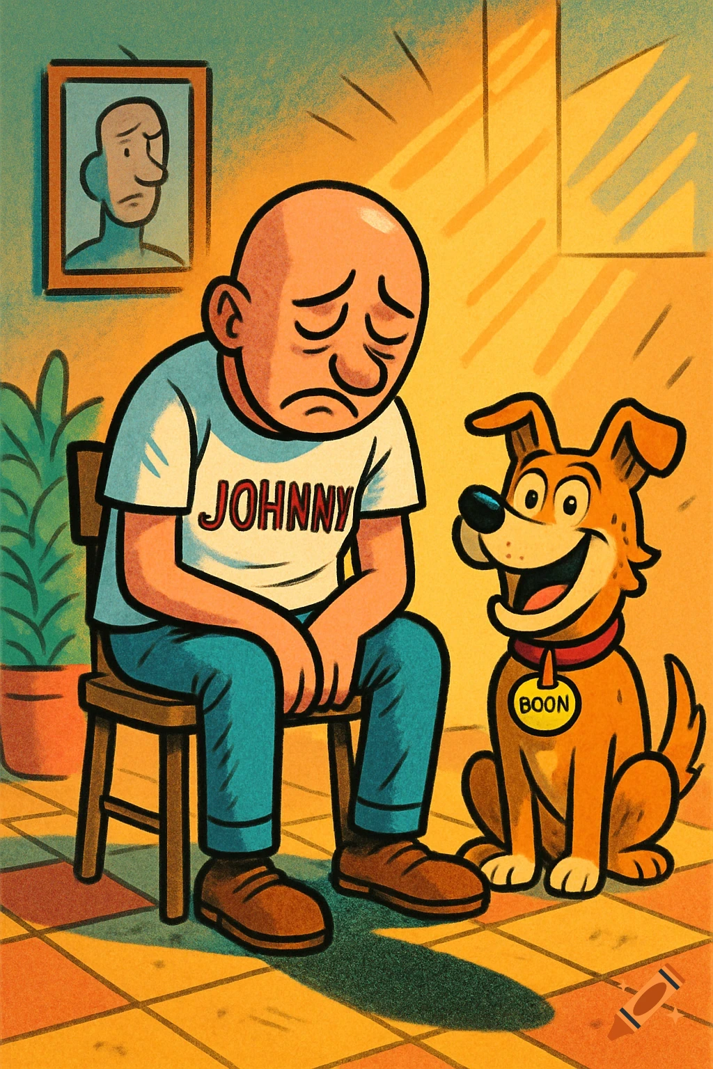 Comic illustration of a sad bald man with 'Johnny' on his shirt sitting next to a happy dog with a 'Boon' tag.