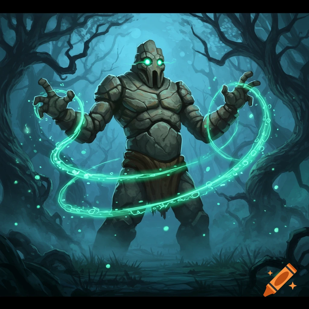 A rock golem with glowing green eyes casts a green magic spell in a dark, stylized forest.