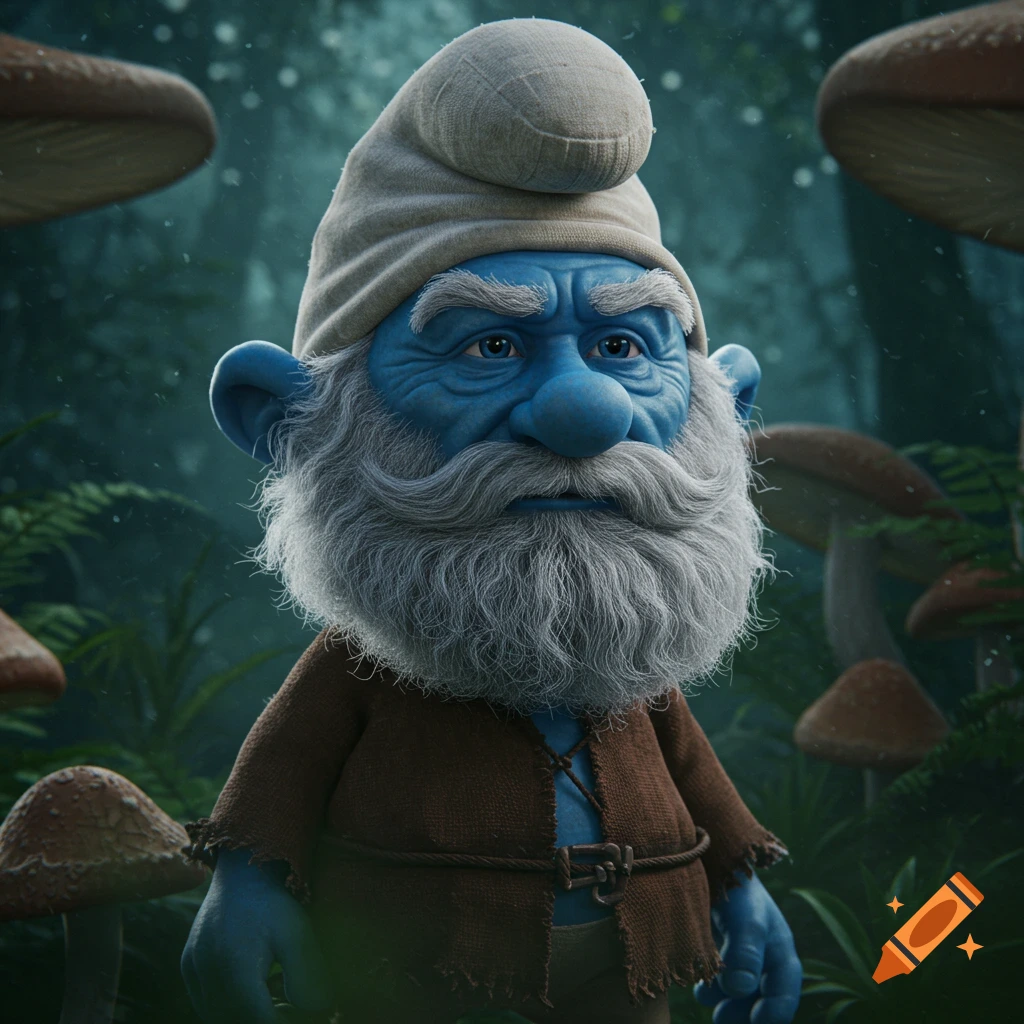 Photorealistic rendering of an ancient, grim Papa Smurf with a long white beard and a pointed hat, standing in a magical forest.
