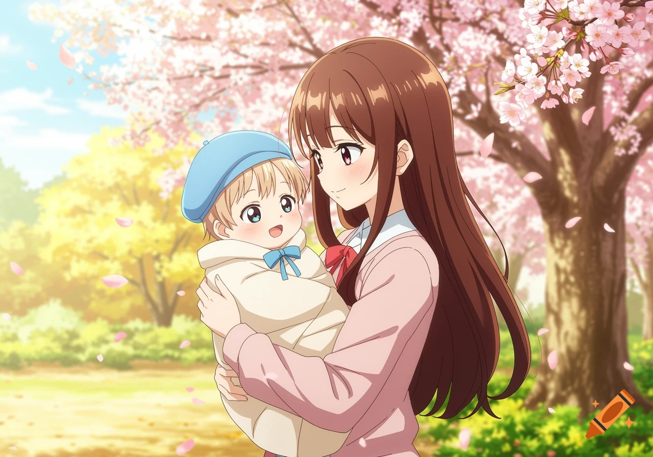 An anime-style girl with long brown hair holds a smiling baby wearing a blue beret under cherry blossom trees.