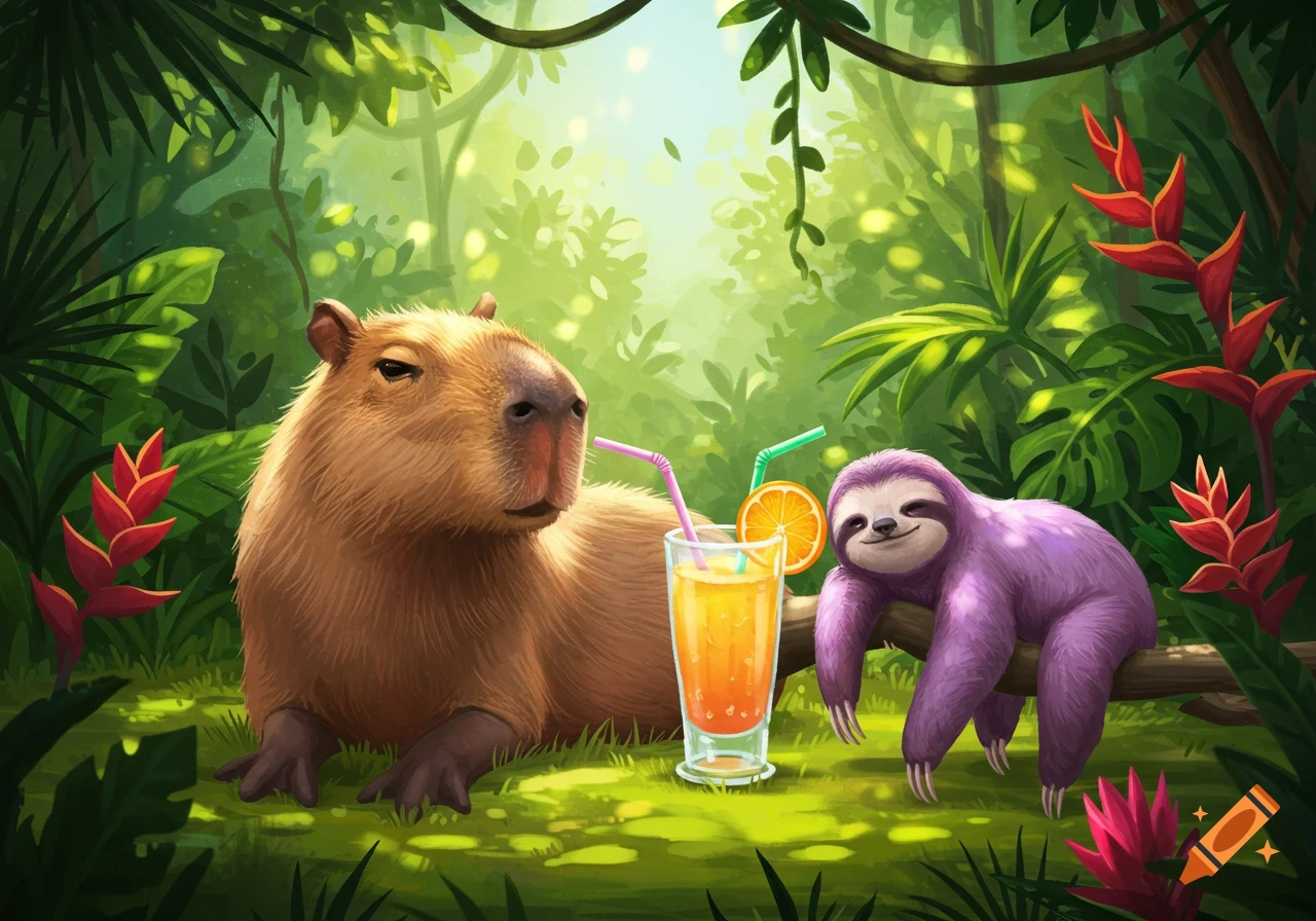 A cartoon capybara and a purple sloth relax in a lush jungle, drinking orange juice with straws.