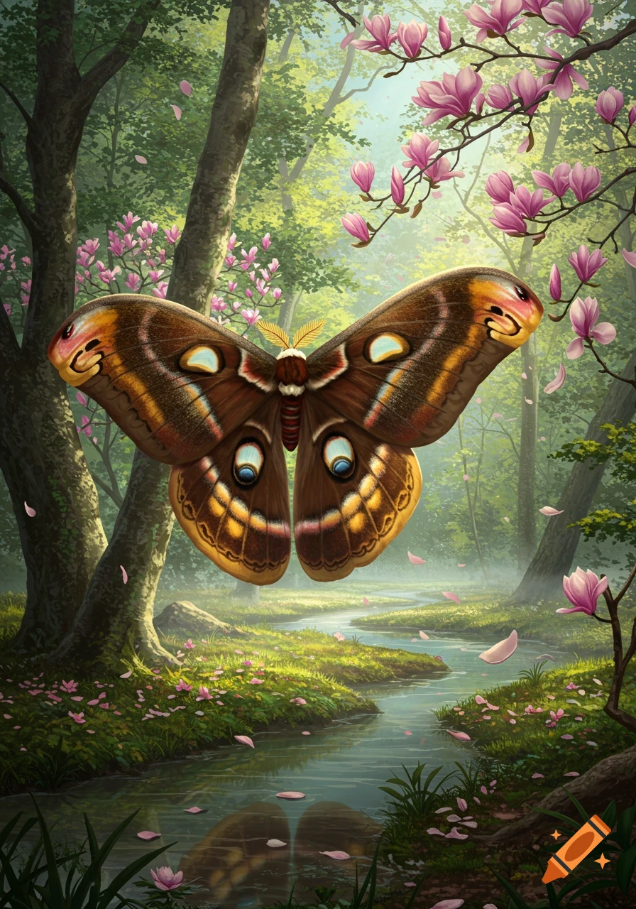 A giant Polyphemus Moth with spread wings floats in a vibrant, lush magnolia forest with a stream flowing through it.