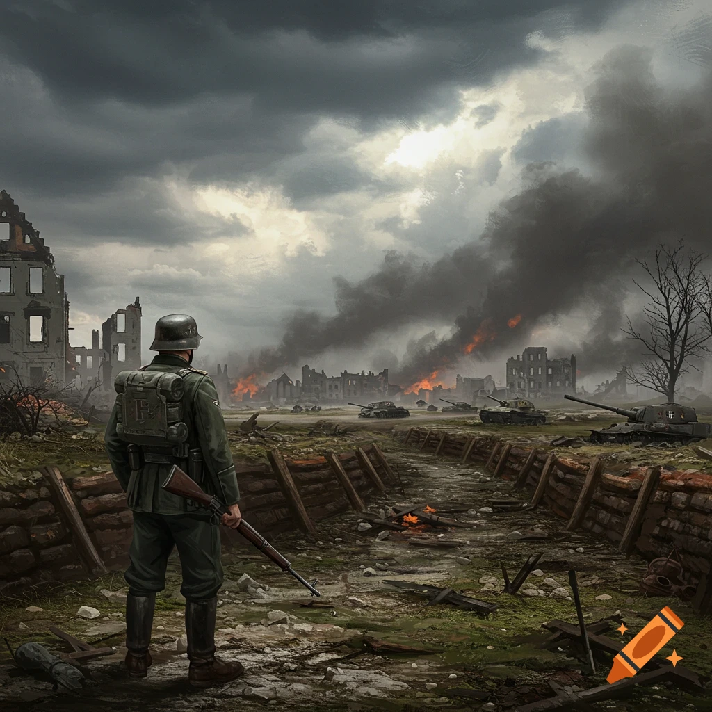 A soldier in a WWII-era uniform stands in a trench, looking at a war-torn city with burning buildings and tanks under a stormy sky. Digital art.