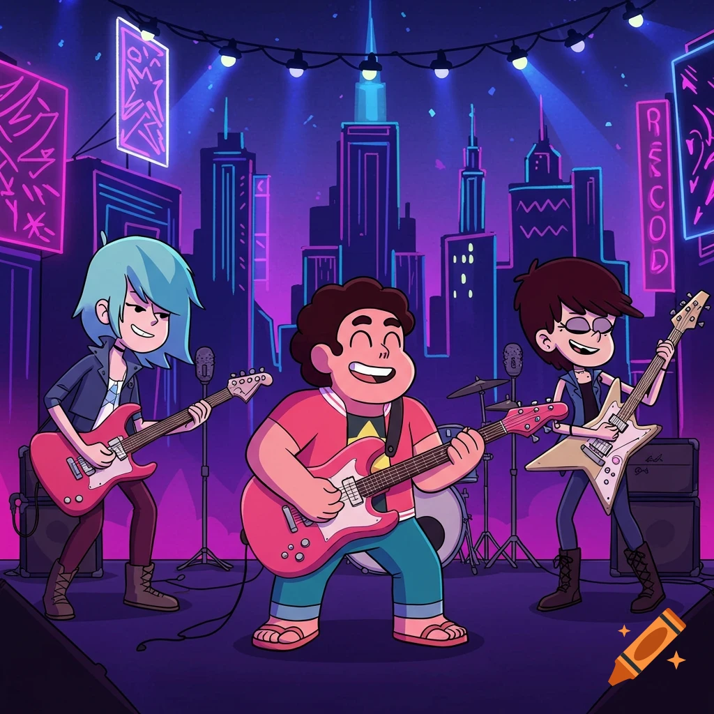 Three cartoon characters, Steven Universe, Luna Loud, and Sam Sharp, play electric guitars on a stage in a neon city.