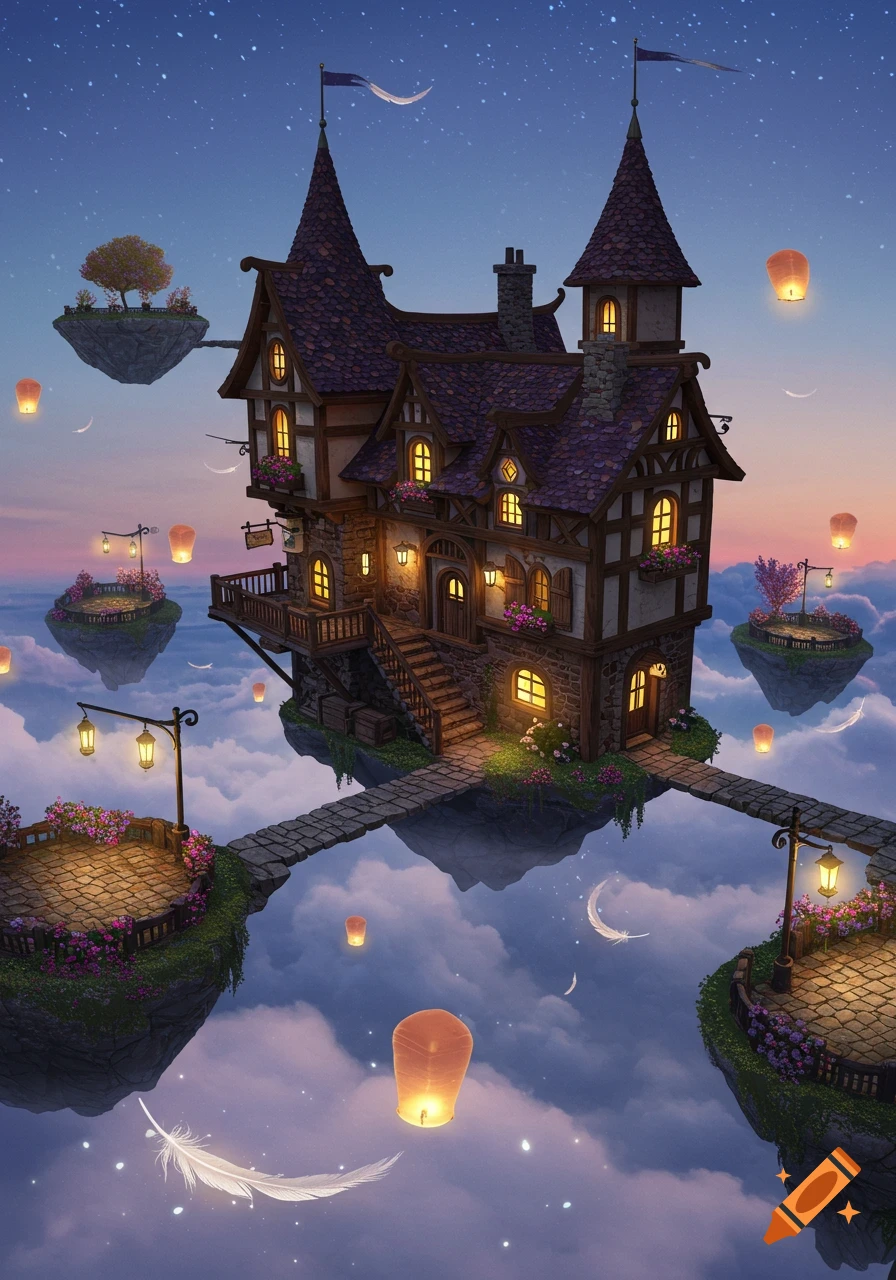 A whimsical, illuminated multi-story house floats on an island above clouds, under a starry twilight sky with lanterns.