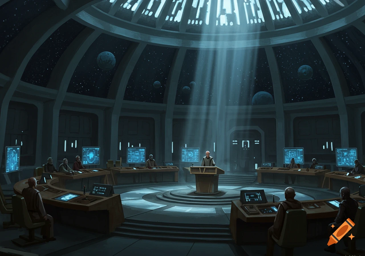 A digital painting of a futuristic council chamber with a robed speaker at a podium, surrounded by members and large windows revealing space.