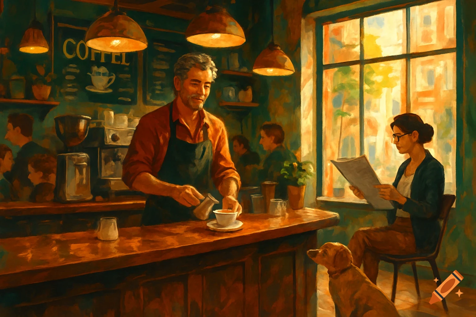 A painterly scene of a barista at a coffee bar, a woman reading by a sunlit window, and a dog on the floor in a cozy cafe.