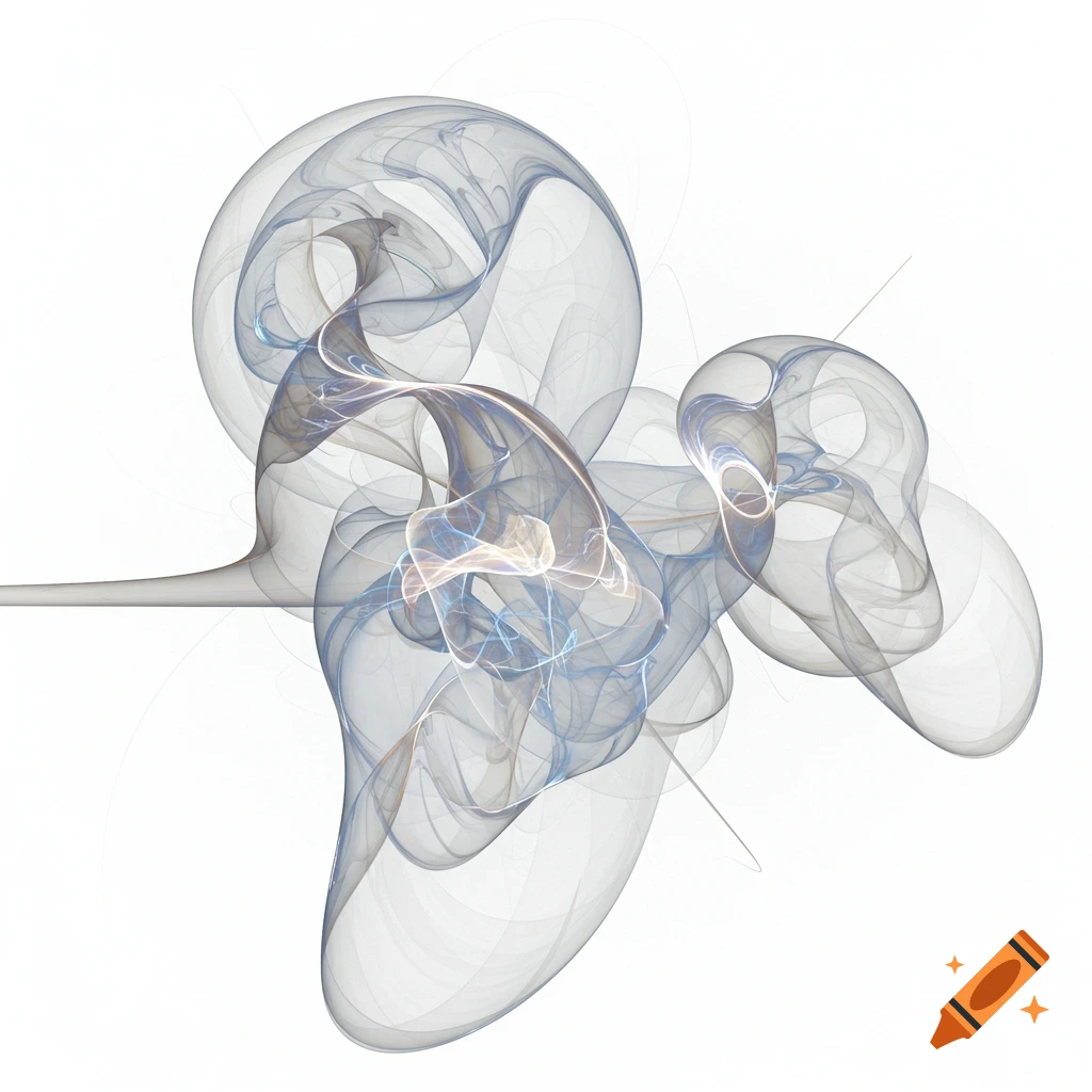 Abstract digital art with translucent gray and blue smoke-like forms and glowing lines on a white background.