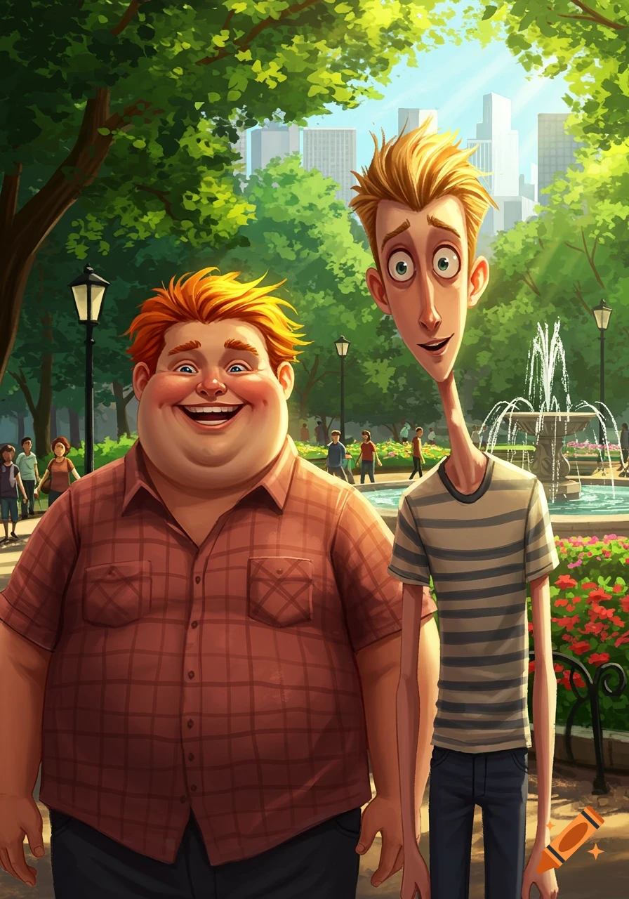 A cheerful, obese red-haired cartoon man stands next to a tall, skinny blonde man in a sunny park with a fountain and city.