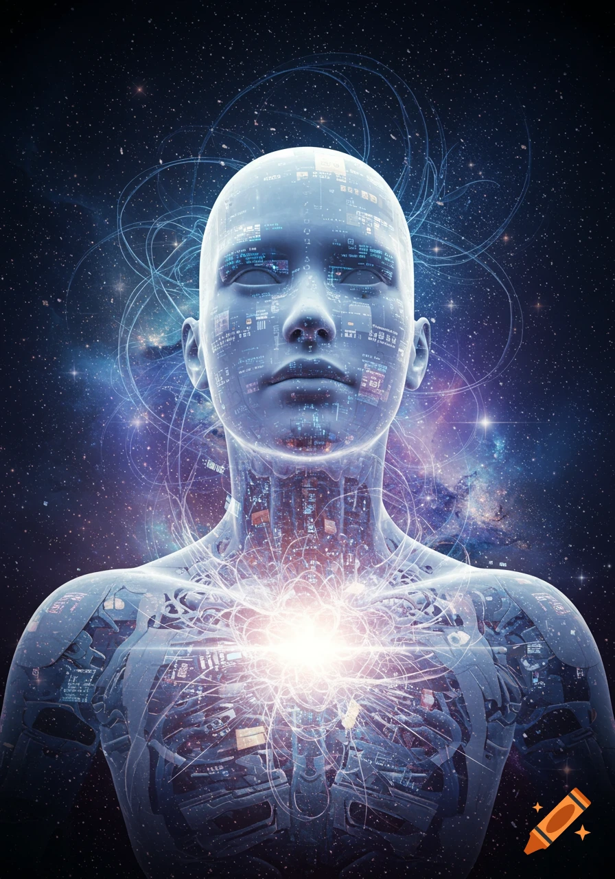 Digital art of a transparent futuristic human with visible internal circuits, glowing energy core, and cosmic background.
