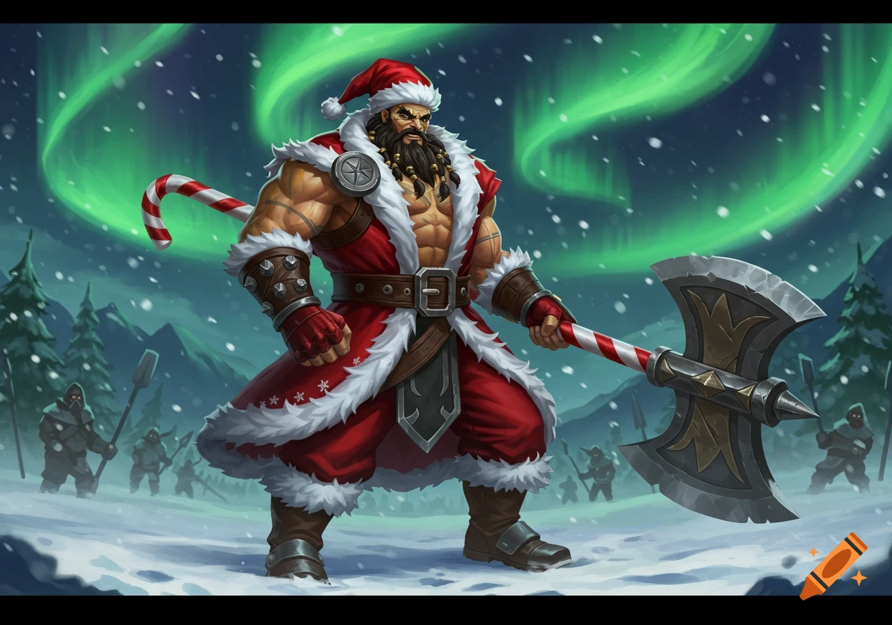 A muscular, bearded Santa Claus-like warrior with an axe stands in a snowy, mountainous landscape under a green aurora, stylized illustration.
