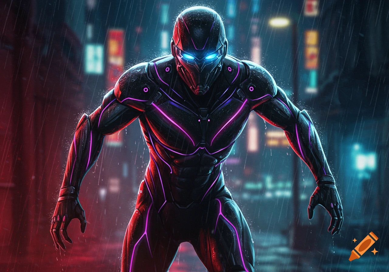 A vigilante in a black and neon purple exo suit stands in the rain in a dark, cyberpunk city.