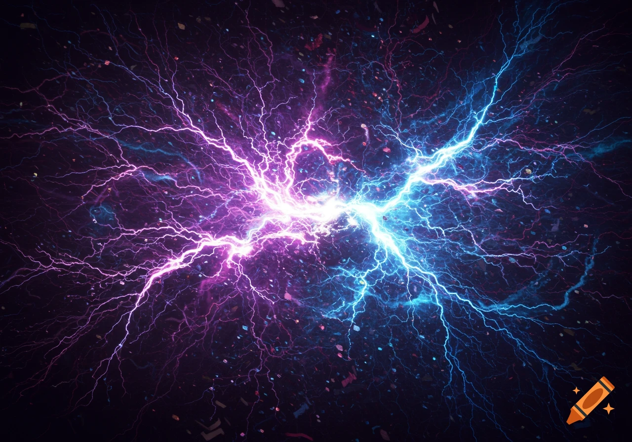 Abstract art showing bright purple and blue lightning bolts clashing on a dark background.