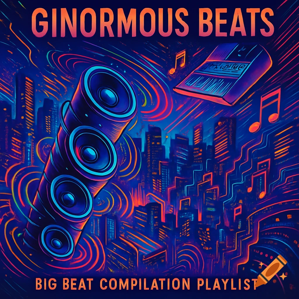 Neon-stylized album art for 'Ginormous Beats' with large speakers, a keyboard, musical notes, and an abstract cityscape background.