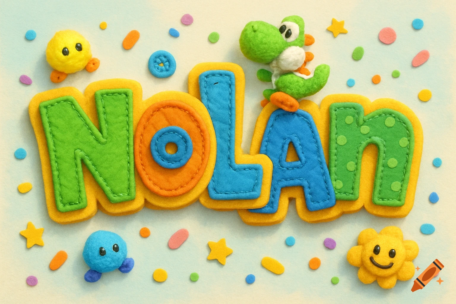 Colorful felt letters spelling 'NOLAN' with a felt Yoshi, a yellow chick, a blue blob, and other cute felt shapes on a light background.