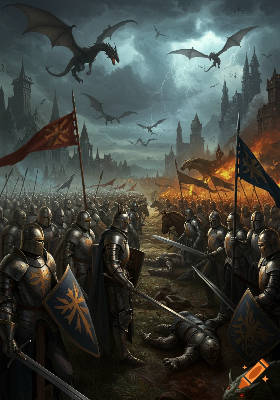 Epic fantasy battle with knights on a battlefield, dragons flying over dark castles, and lightning in a stormy sky.
