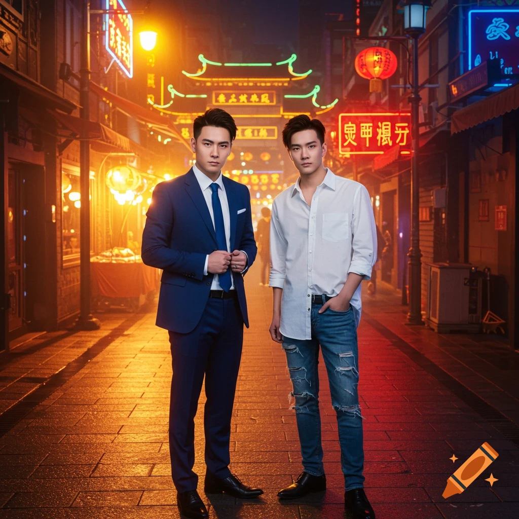 Two young Asian men standing on a wet street at night, illuminated by glowing red and blue neon signs in a city. One wears a blue suit, the other a white shirt and ripped jeans.