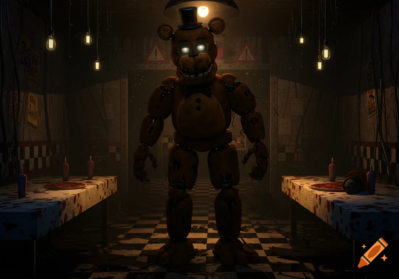 The Freddy Fazbear animatronic stands menacingly in a dark, eerie pizzeria with blood-splattered tables and hanging lights.