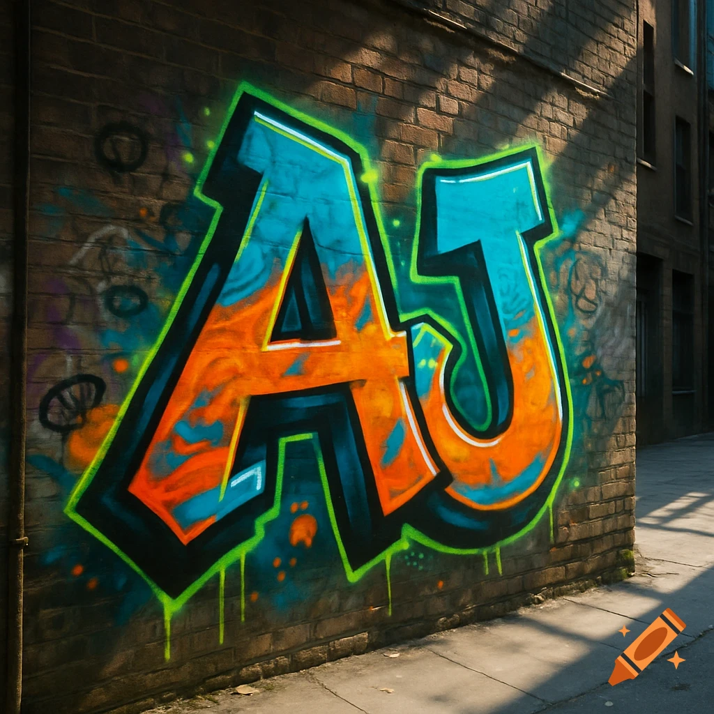 Vibrant graffiti art of the letters AJ in orange, blue, and green, spray-painted on a brick wall in sunlight.