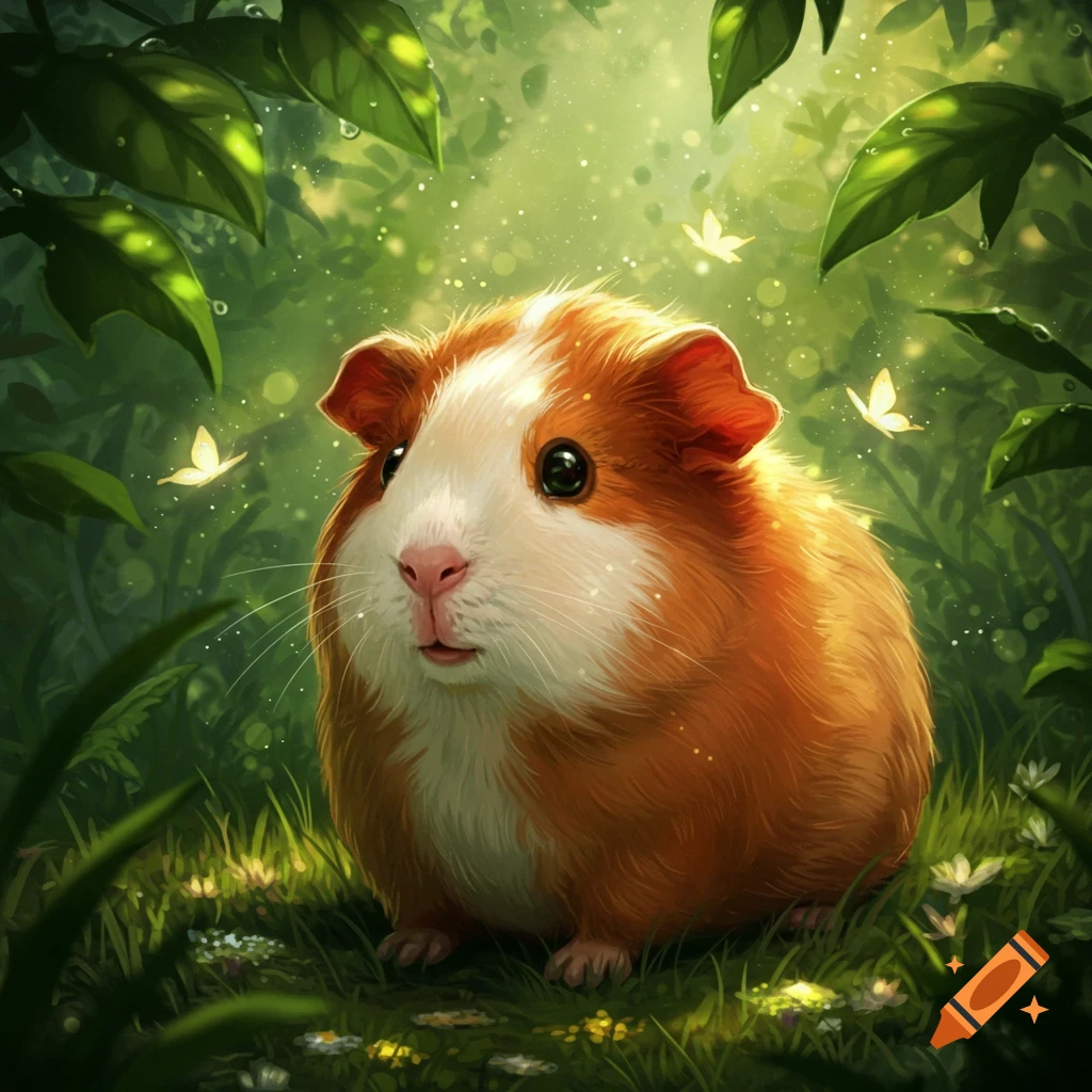 A fluffy brown and white guinea pig sits in a vibrant, glowing green forest with butterflies.
