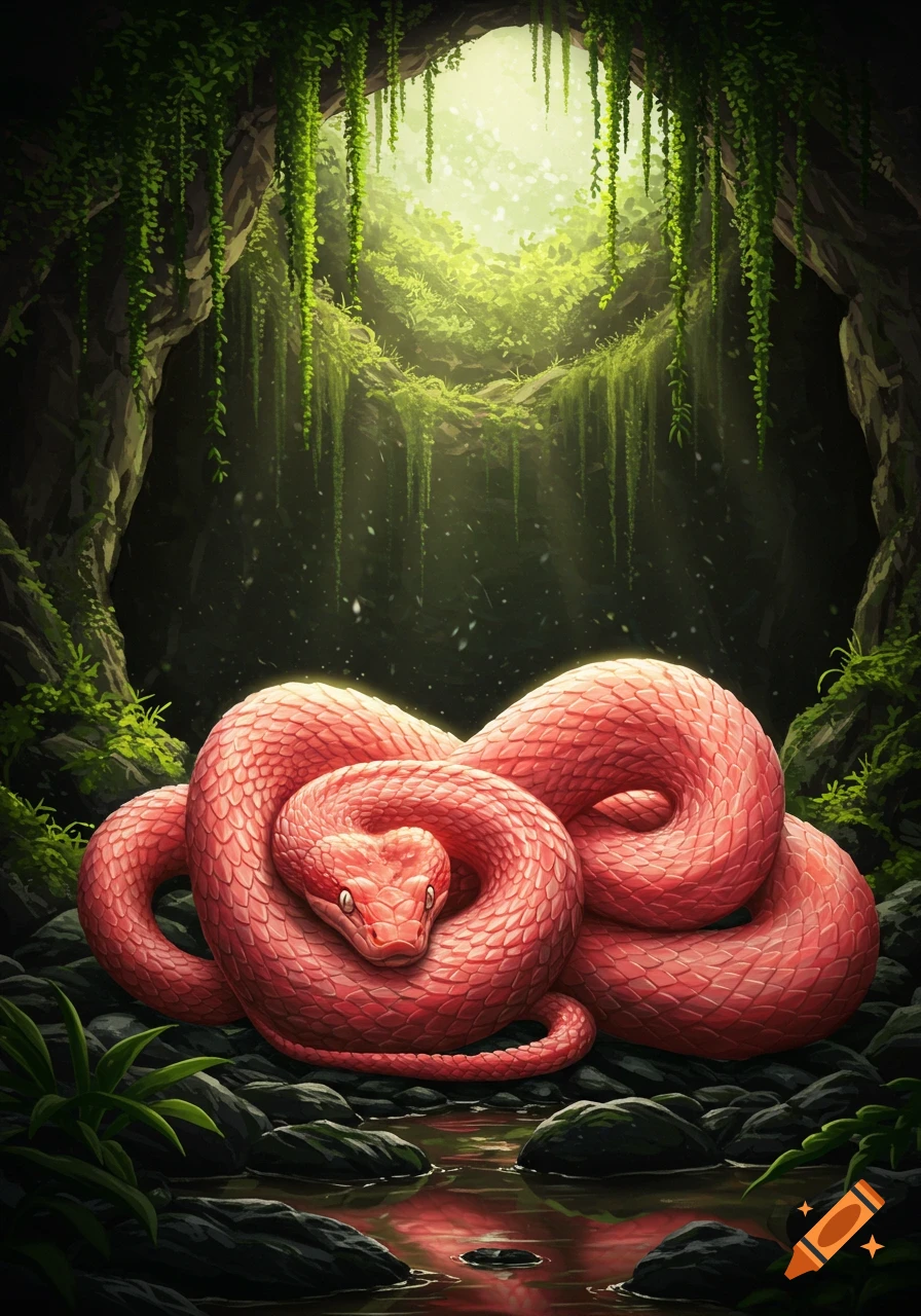 A pink snake coiled on rocks by a reflective pool in a lush, vine-covered cave with light filtering through the opening.