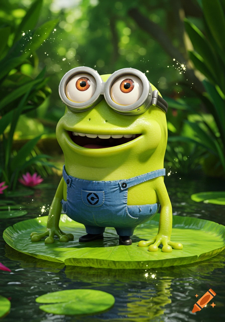 Cartoon minion frog wearing goggles and denim overalls stands on a lily pad in a magical, lush forest.