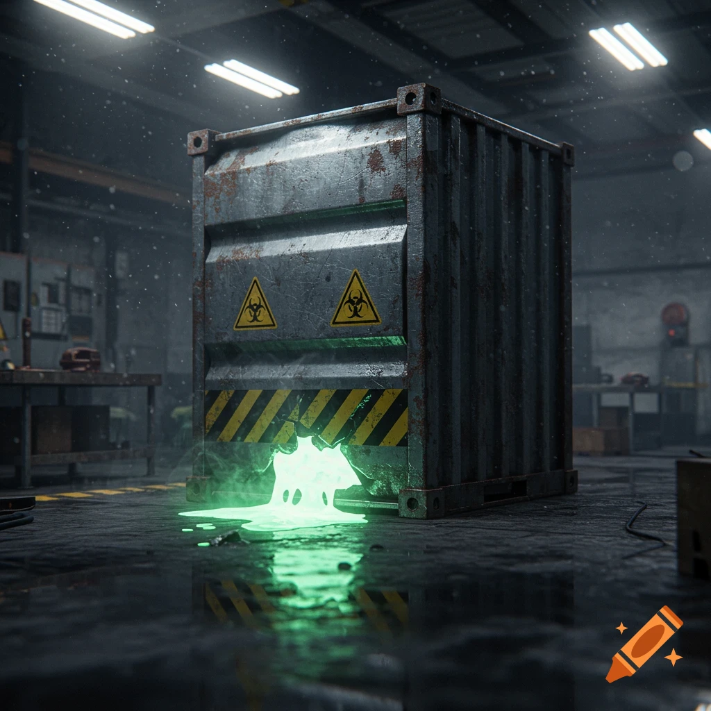 A rusty dangerous goods container with biohazard symbols leaks glowing green liquid onto a wet concrete floor in a dimly lit warehouse.