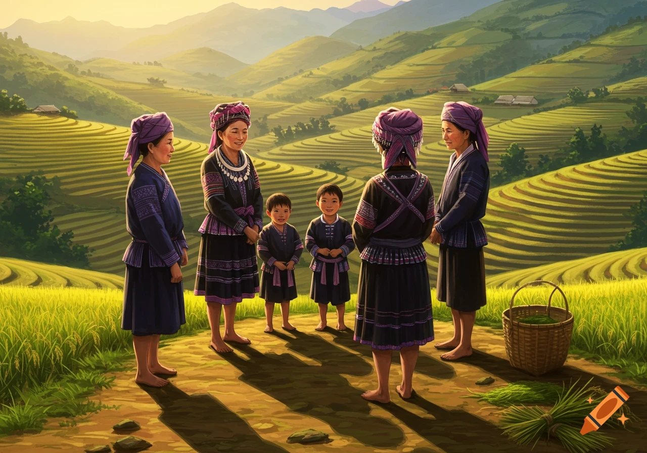 A Hmong family in traditional attire stands in terraced rice fields at sunset, in an illustrative style.