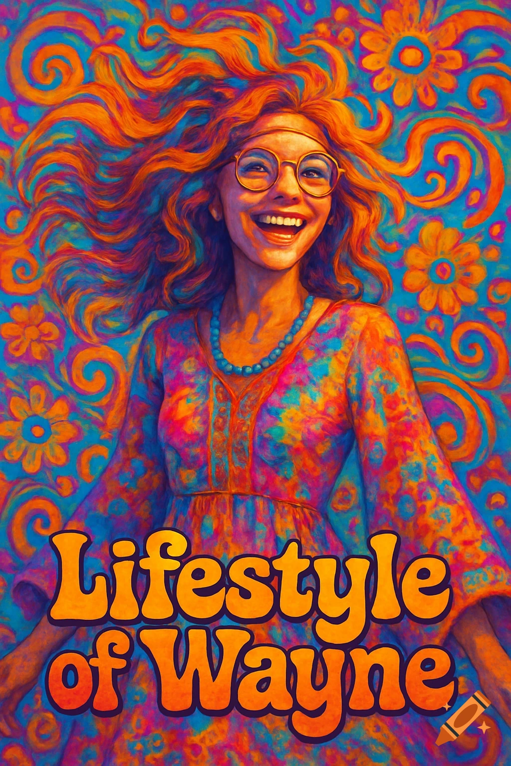Vibrant psychedelic painting of a smiling hippy woman with orange hair and glasses, on a floral background, with text "Lifestyle of Wayne".