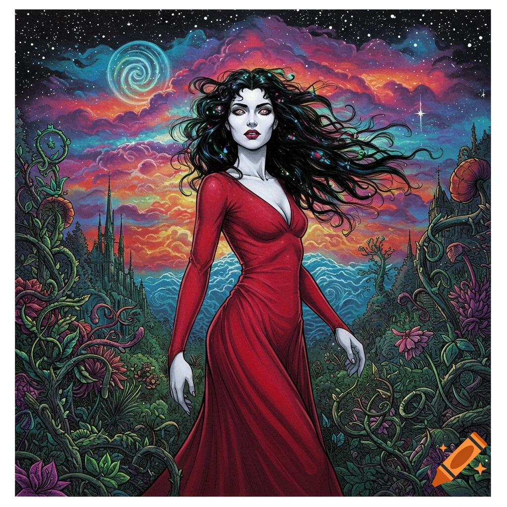A gothic woman with pale skin and long black hair in a red dress walks through a vibrant, psychedelic garden with a castle under a swirling night sky.