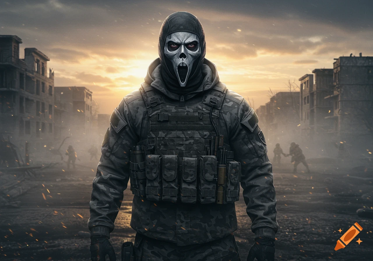 Photorealistic image of a soldier in a skull mask and camouflage gear standing in a war-torn city at sunset, debris in foreground.