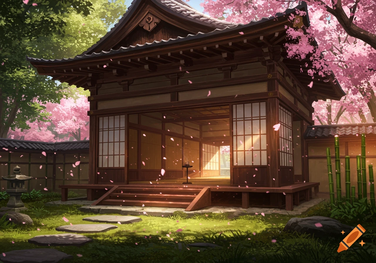 Illustrated traditional Japanese dojo in a serene garden with cherry blossom trees and fallen pink petals.