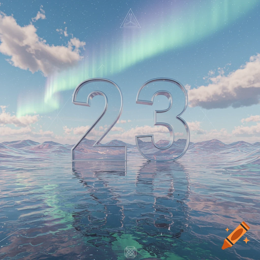 Large chrome numbers '23' reflected in rippling water under a sky with aurora borealis and distant mountains, digital art.